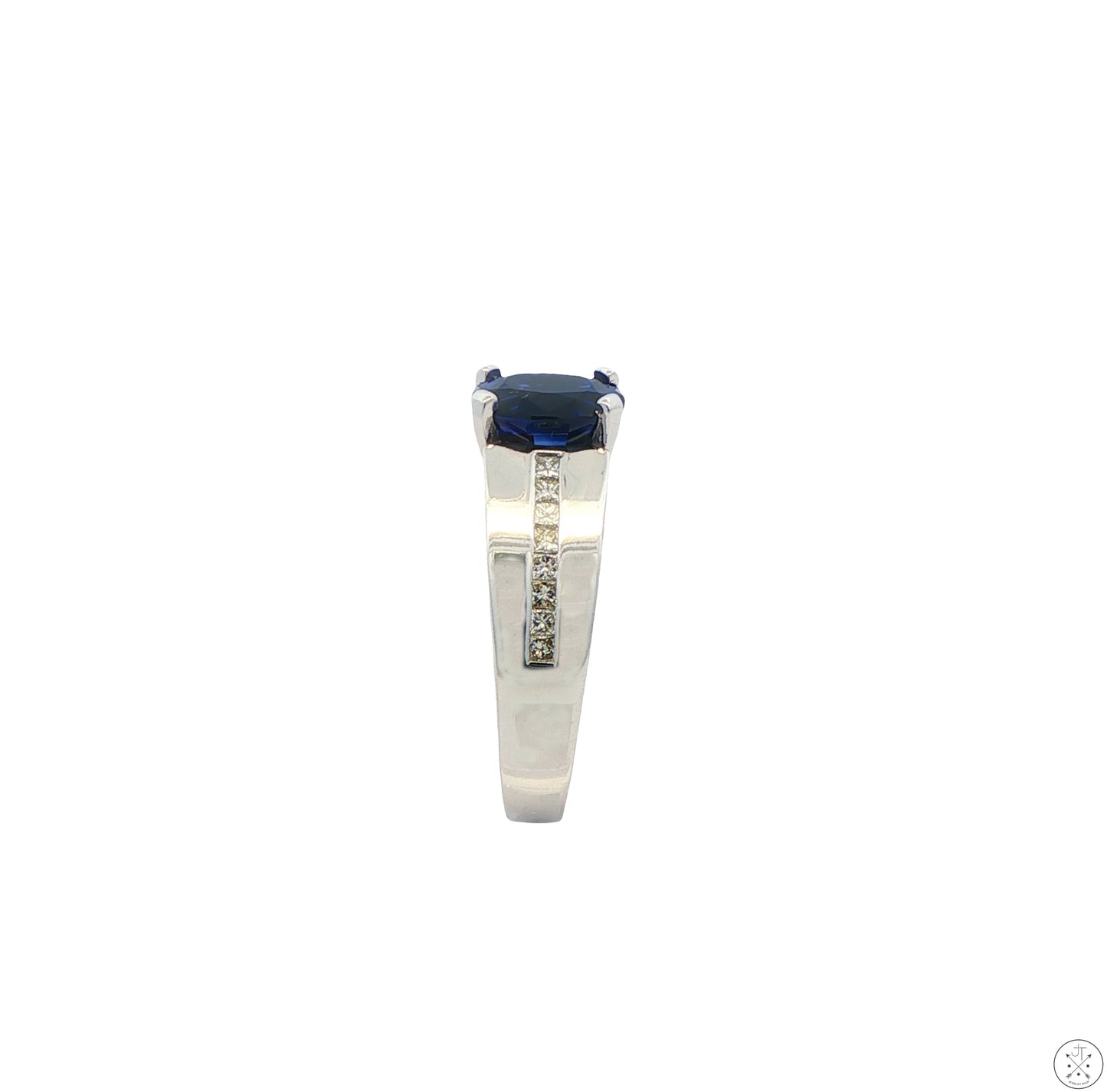 14k White Gold Ring with Lab Sapphire and Natural Diamond Size 10.75
