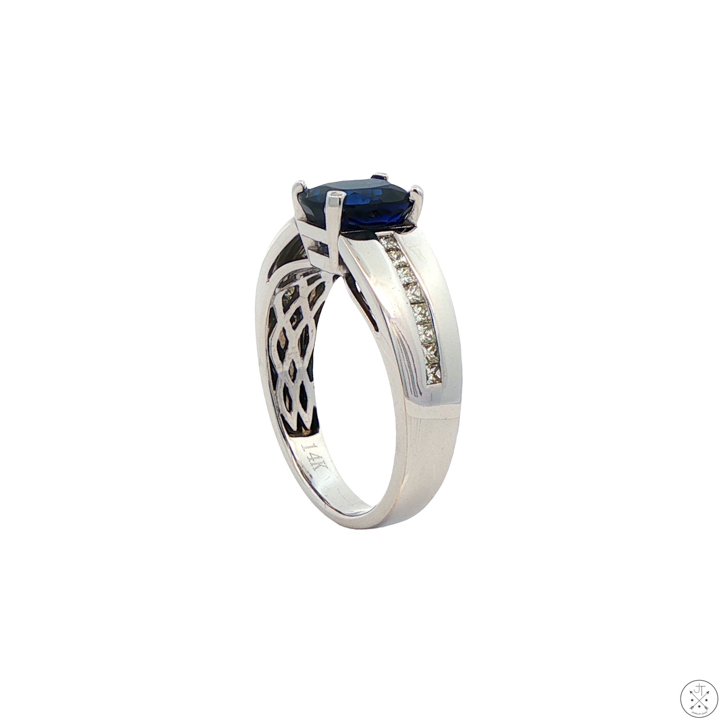 14k White Gold Ring with Lab Sapphire and Natural Diamond Size 10.75