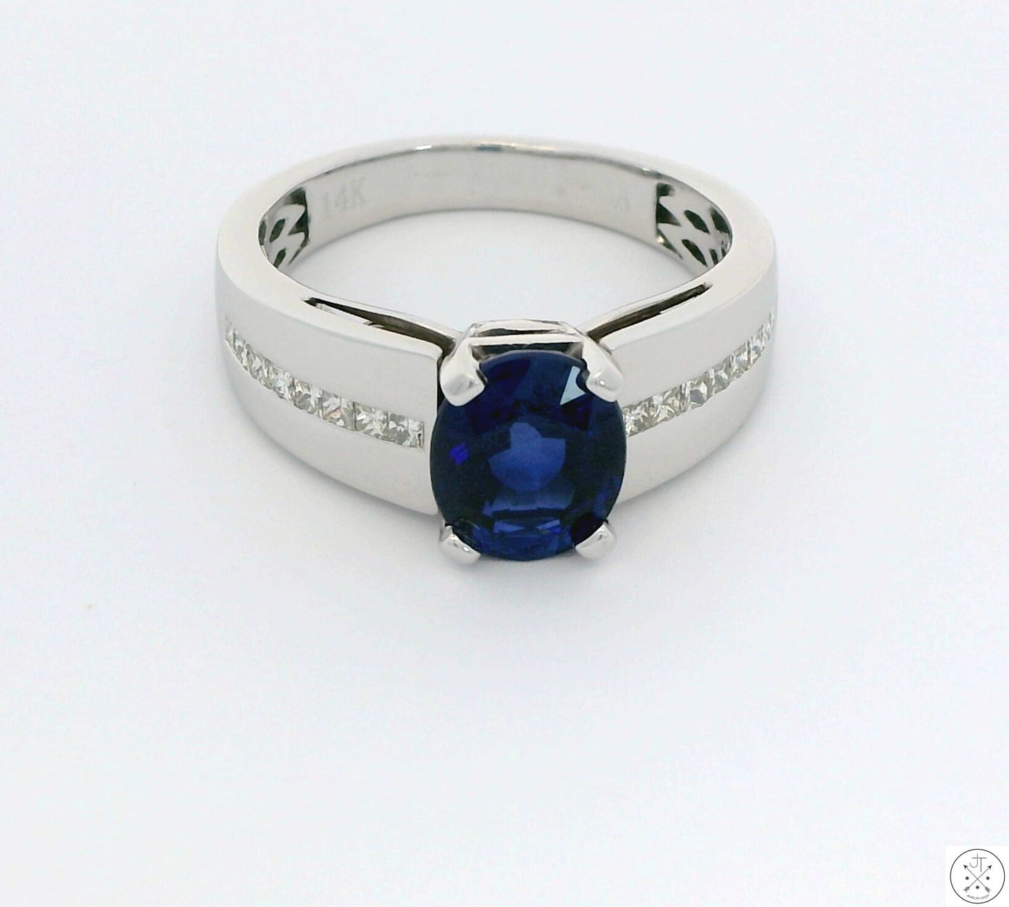 14k White Gold Ring with Lab Sapphire and Natural Diamond Size 10.75