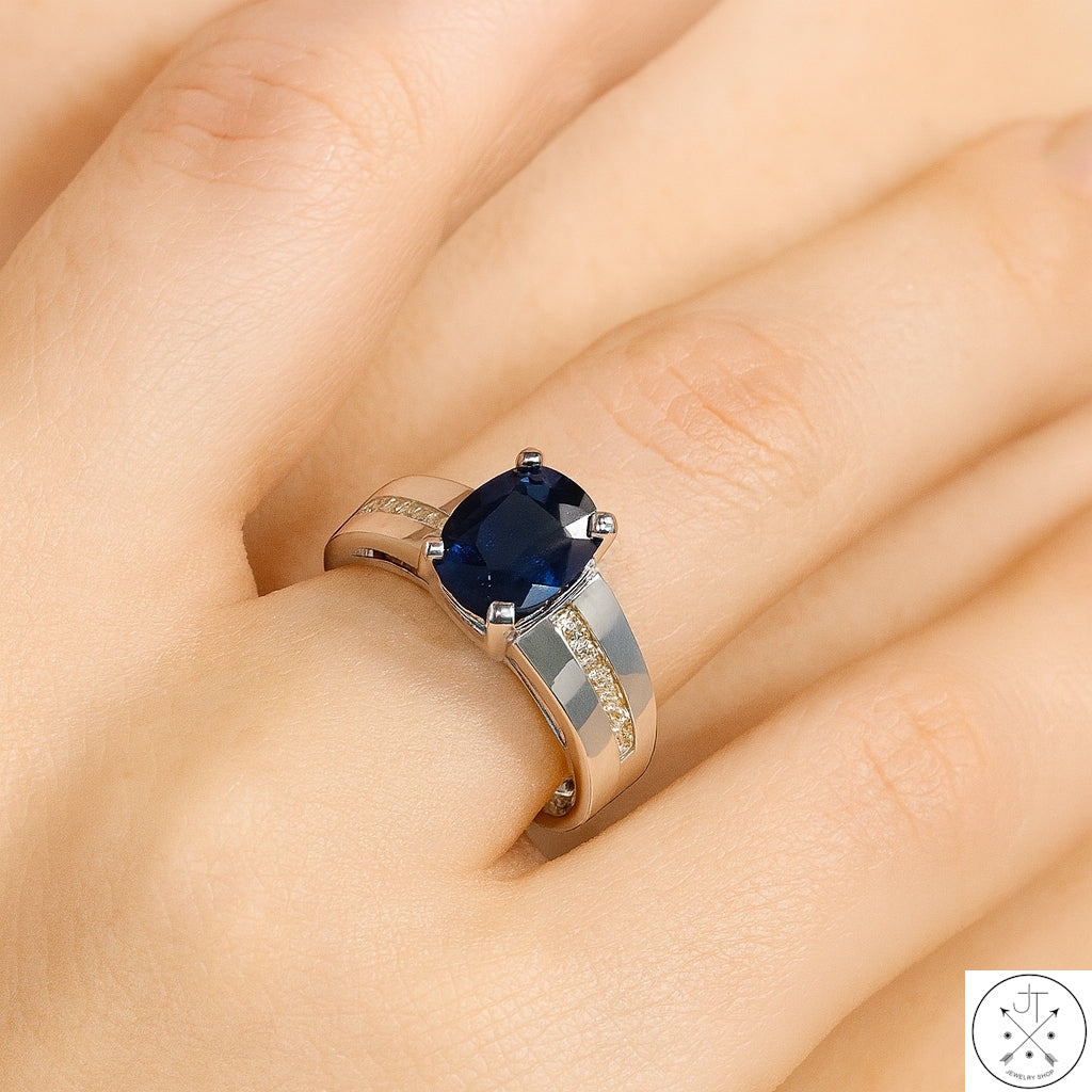 14k White Gold Ring with Lab Sapphire and Natural Diamond Size 10.75