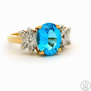 14k Yellow Gold Ring with Swiss Blue Topaz and Diamond Size 6.75