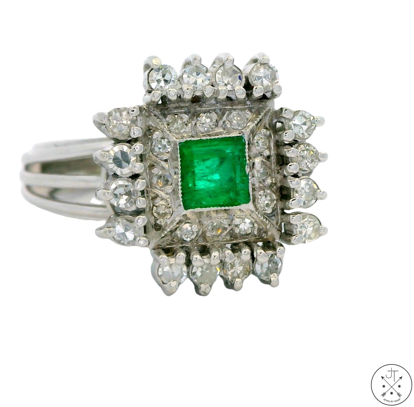 Vintage 14k White Gold Ring with Emerald and Diamonds Size 7 Custom