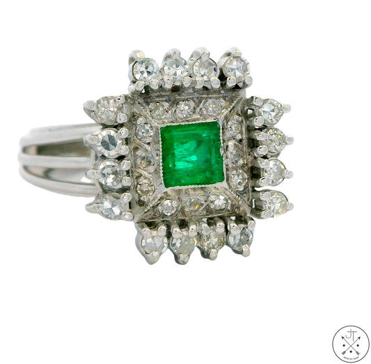 Vintage 14k White Gold Ring with Emerald and Diamonds Size 7 Custom