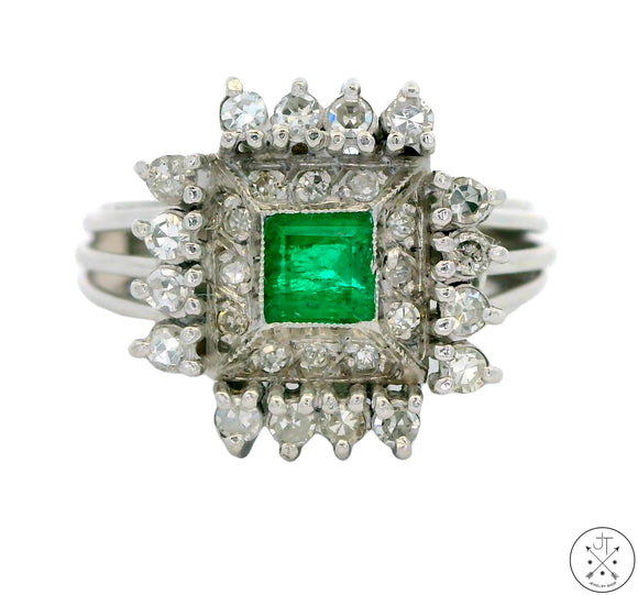 Vintage 14k White Gold Ring with Emerald and Diamond Size 7