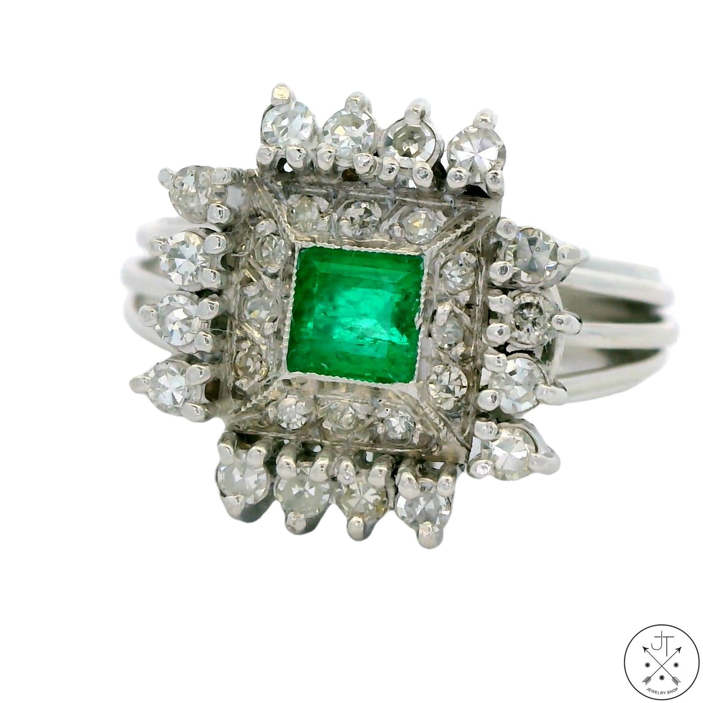 Vintage 14k White Gold Ring with Emerald and Diamonds Size 7 Custom