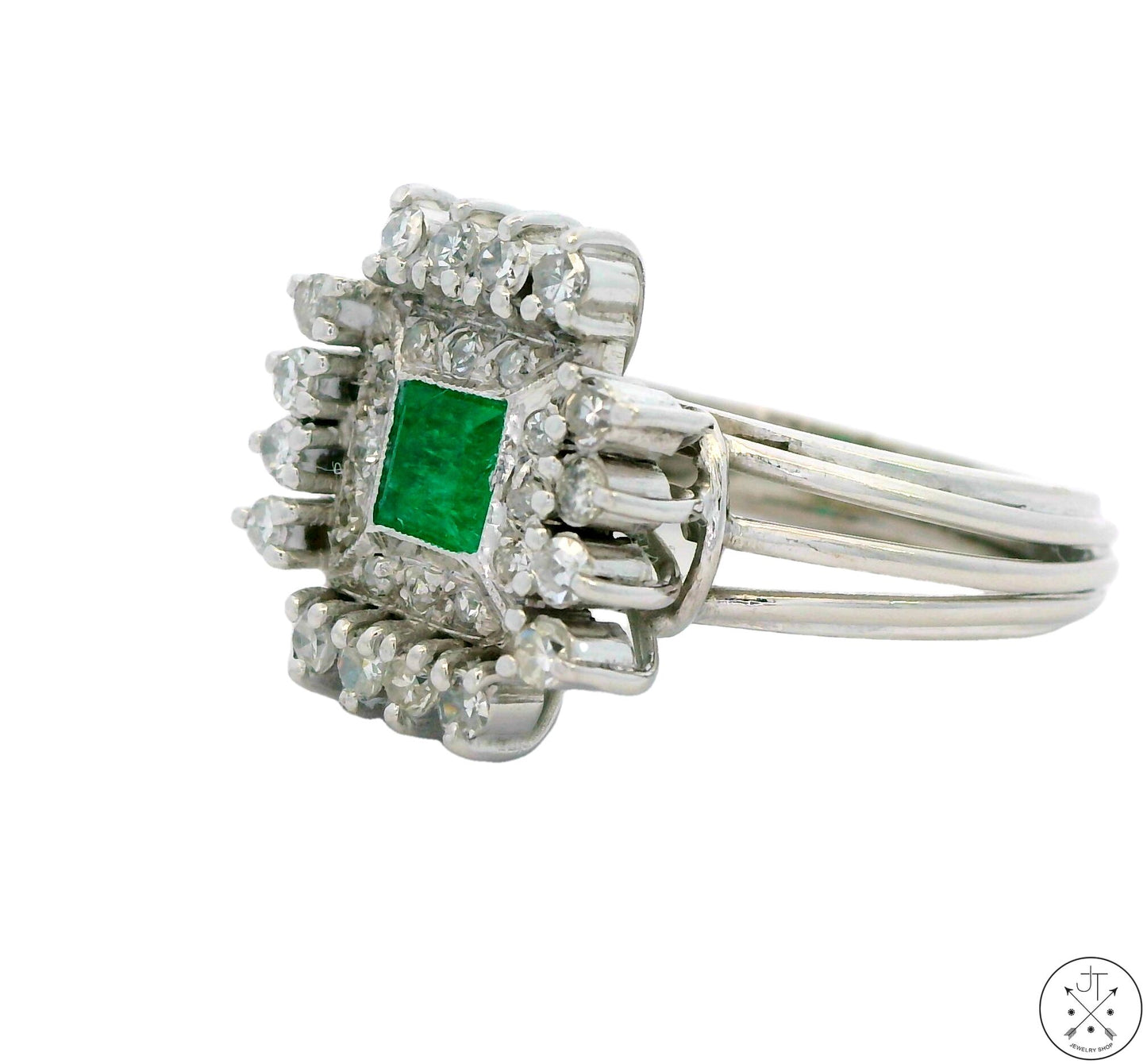 Vintage 14k White Gold Ring with Emerald and Diamonds Size 7 Custom