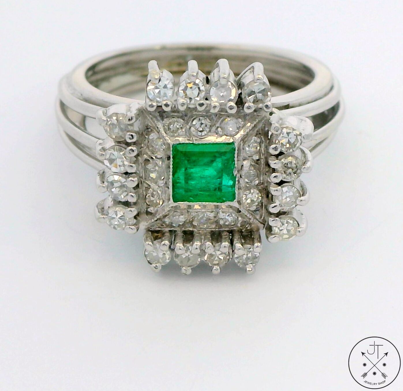Vintage 14k White Gold Ring with Emerald and Diamonds Size 7 Custom