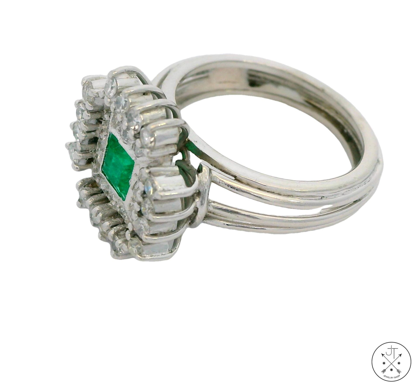 Vintage 14k White Gold Ring with Emerald and Diamonds Size 7 Custom