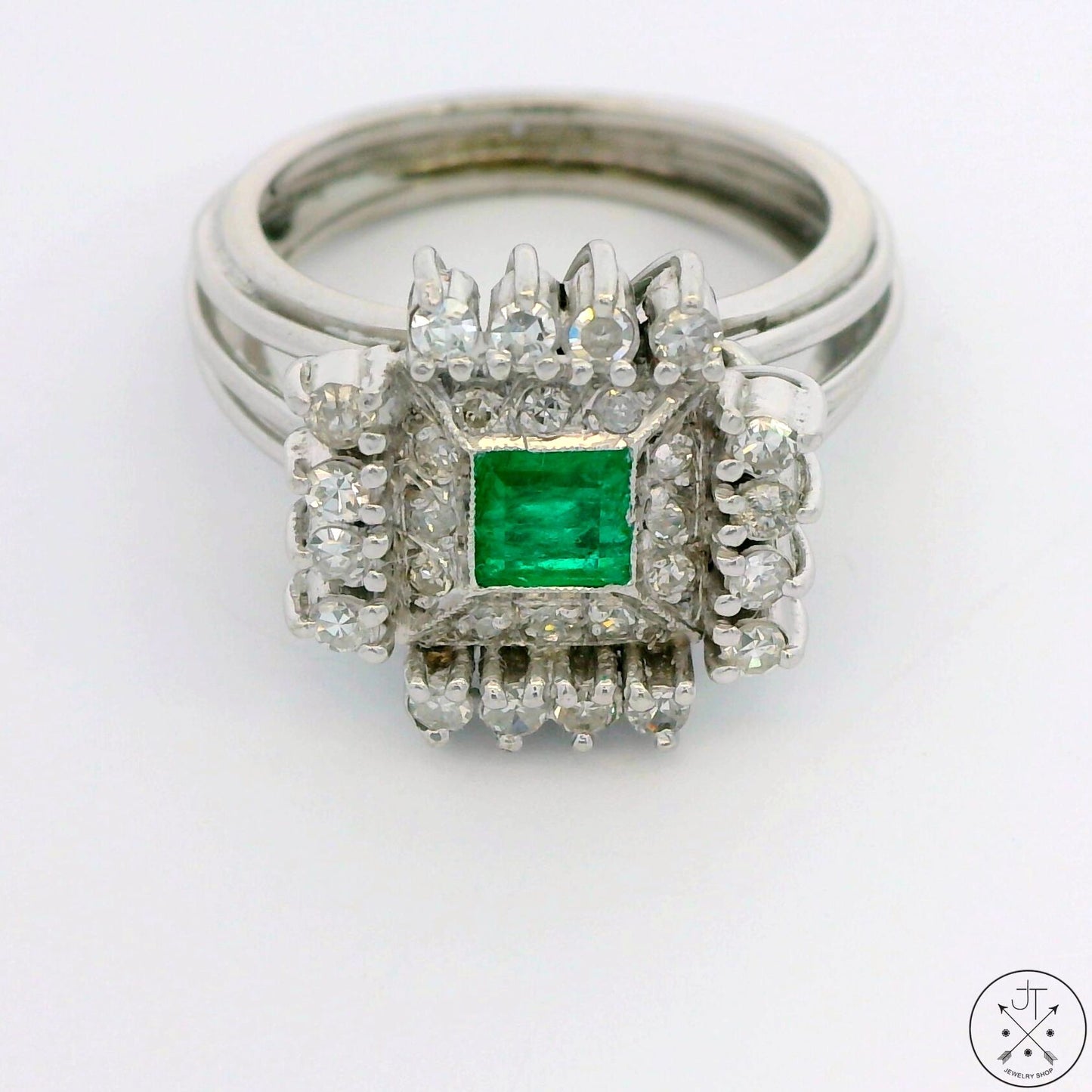 Vintage 14k White Gold Ring with Emerald and Diamonds Size 7 Custom