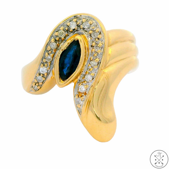 Vintage 14k Yellow Gold Ring with Sapphire and Diamonds Size 5.5 Mid-Century