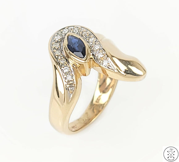 Vintage 14k Yellow Gold Ring with Diamonds and Sapphire Size 5.5 Deco