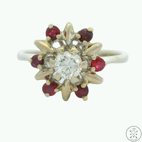 Vintage 14k White Gold Ring with Ruby and Diamond Size 7.25