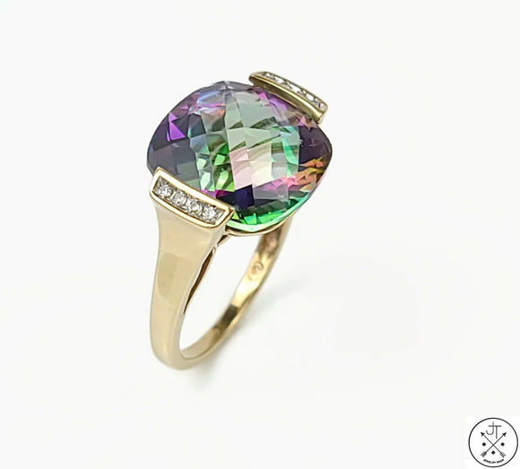 10k Yellow Gold Ring with Mystic Topaz and Diamond Size 7.5