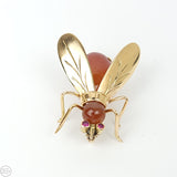 14k Yellow Gold Wasp Pin with Pink Sapphire and Carnelian Brooch