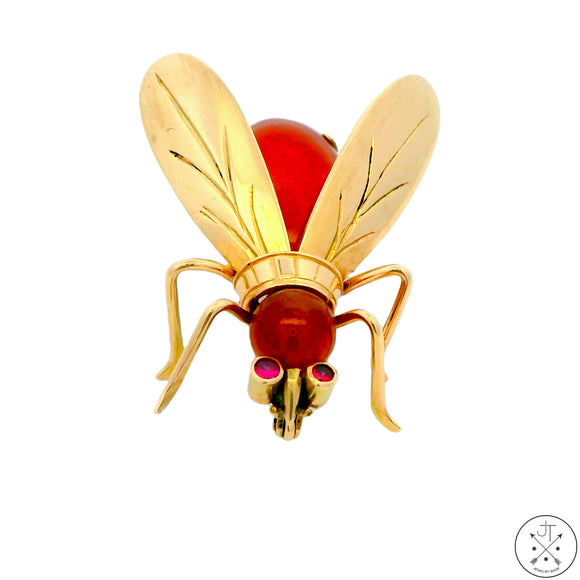 14k Yellow Gold Wasp Pin with Pink Sapphire and Carnelian Brooch