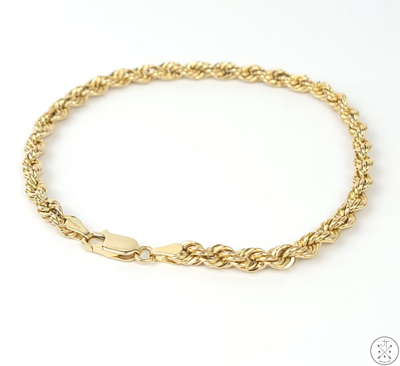 10k Yellow Gold Rope Chain Bracelet 8.25 inch 4 mm