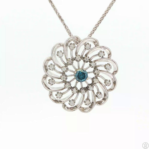 14k White Gold Pendant Necklace 1.5 ctw Blue and White Natural Diamonds 18 inch