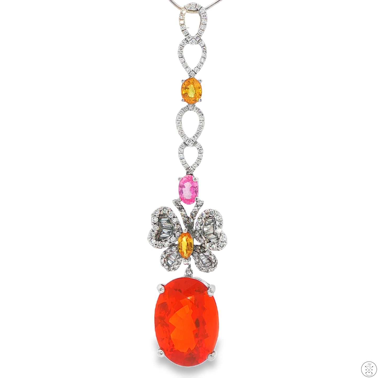 18k White Gold Butterfly Dangle Pendant Natural Fire Opal Diamonds Sapphire