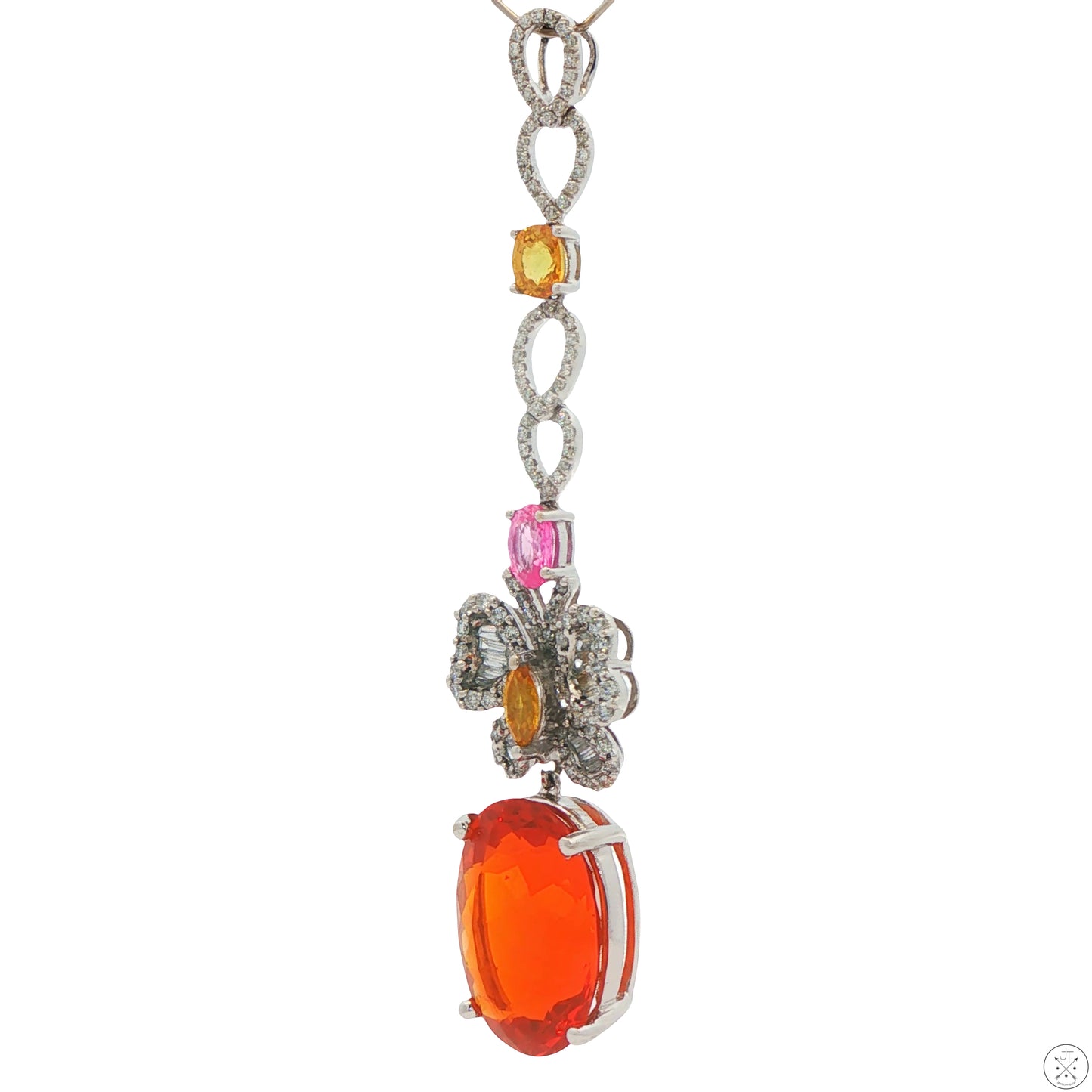 18k White Gold Butterfly Dangle Pendant Natural Fire Opal Diamonds Sapphire