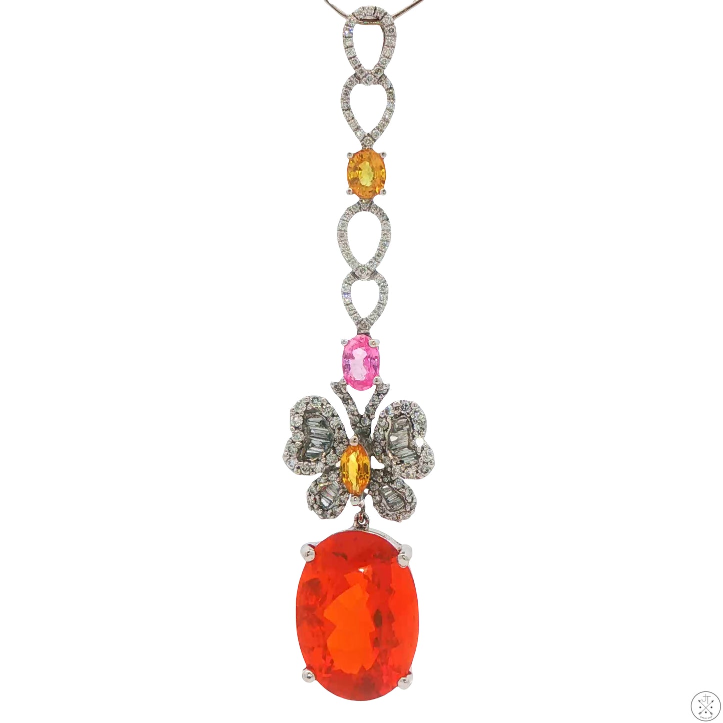 18k White Gold Butterfly Dangle Pendant Natural Fire Opal Diamonds Sapphire