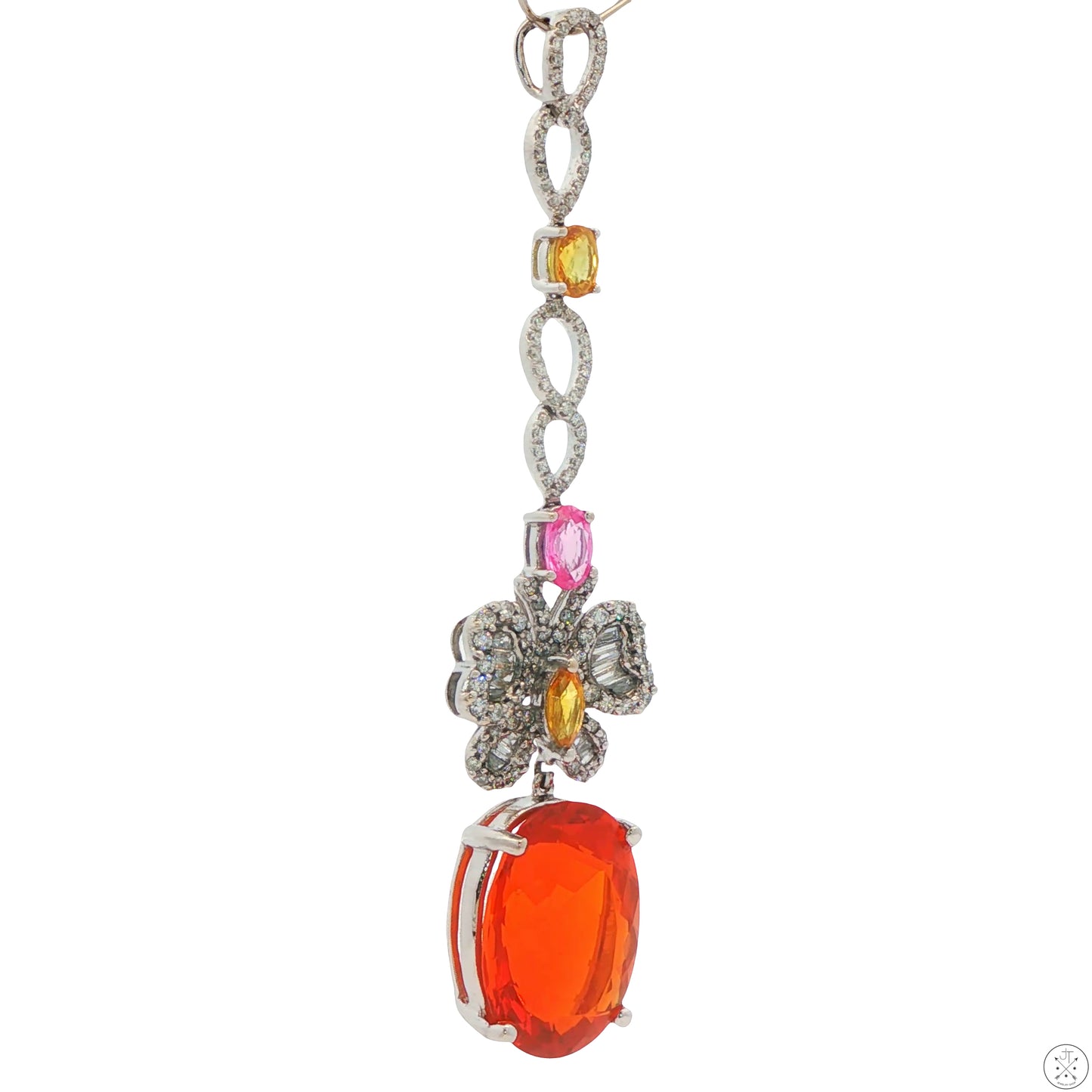 18k White Gold Butterfly Dangle Pendant Natural Fire Opal Diamonds Sapphire