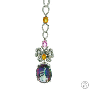 18k White Gold Butterfly Drop Pendant with Diamonds Sapphire and Quartz