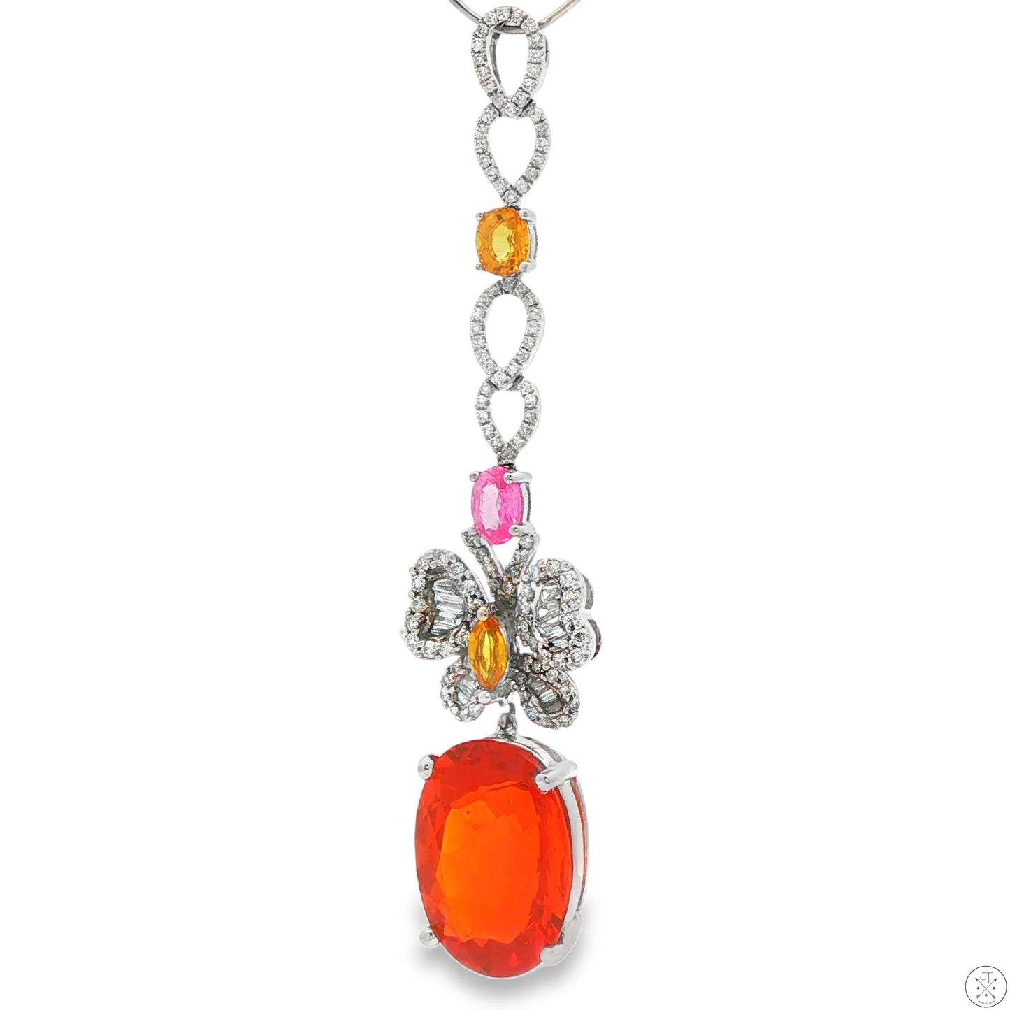 18k White Gold Butterfly Dangle Pendant Natural Fire Opal Diamonds Sapphire