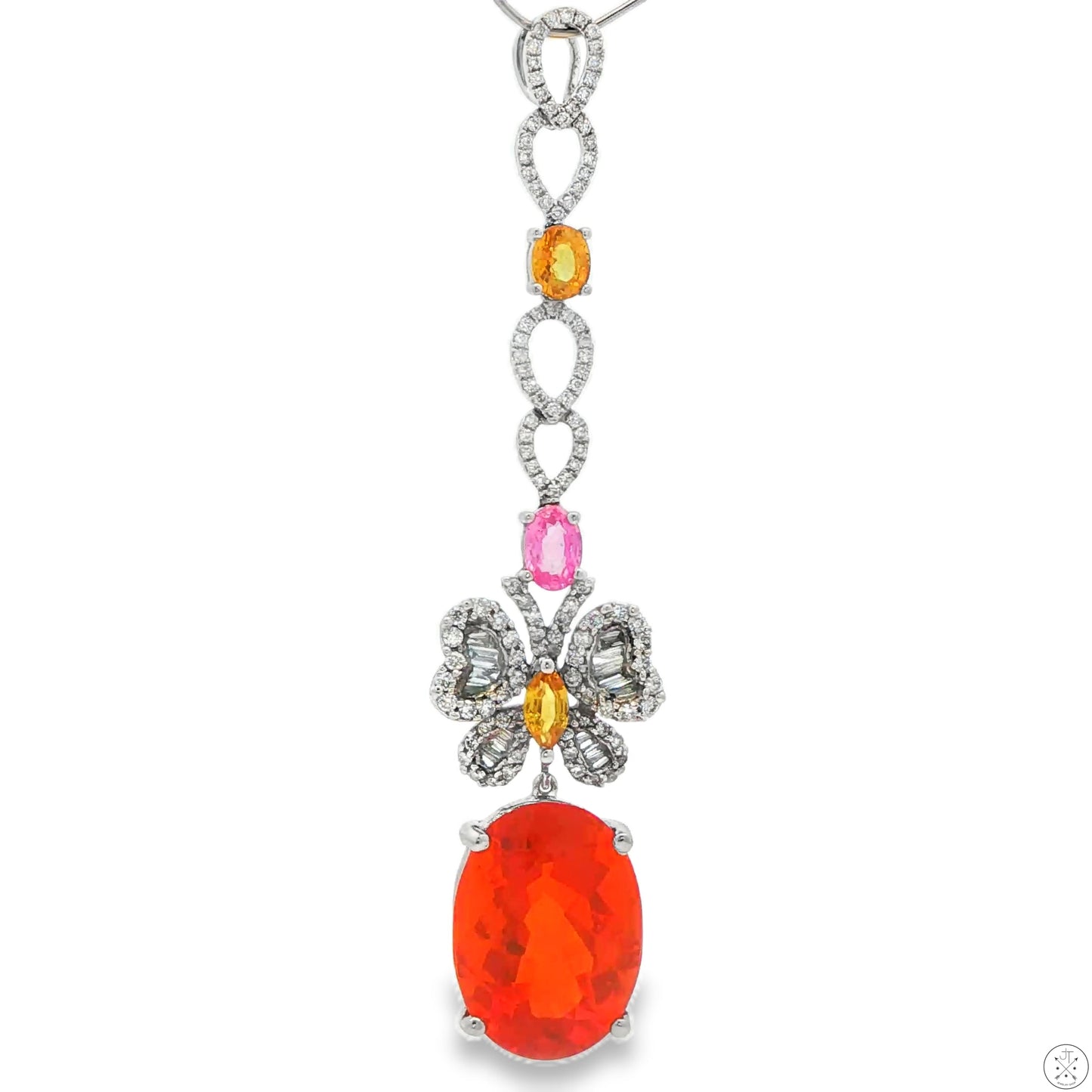 18k White Gold Butterfly Dangle Pendant Natural Fire Opal Diamonds Sapphire