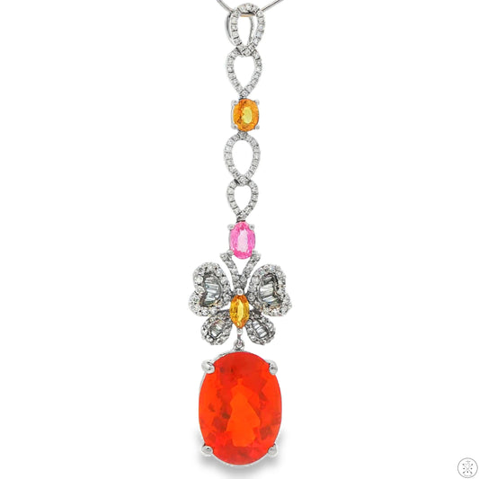 18k White Gold Butterfly Dangle Pendant Natural Fire Opal Diamonds Sapphire