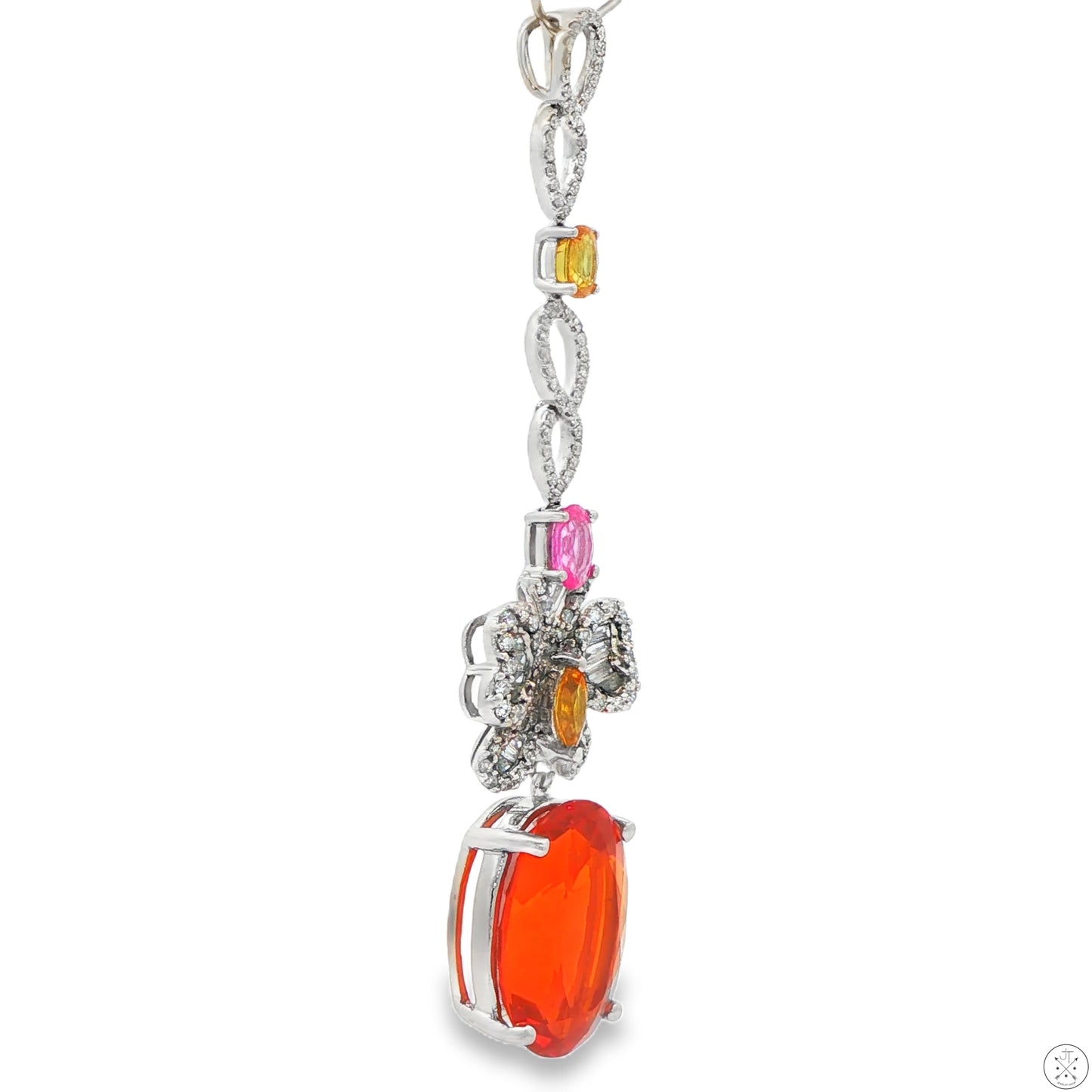 18k White Gold Butterfly Dangle Pendant Natural Fire Opal Diamonds Sapphire