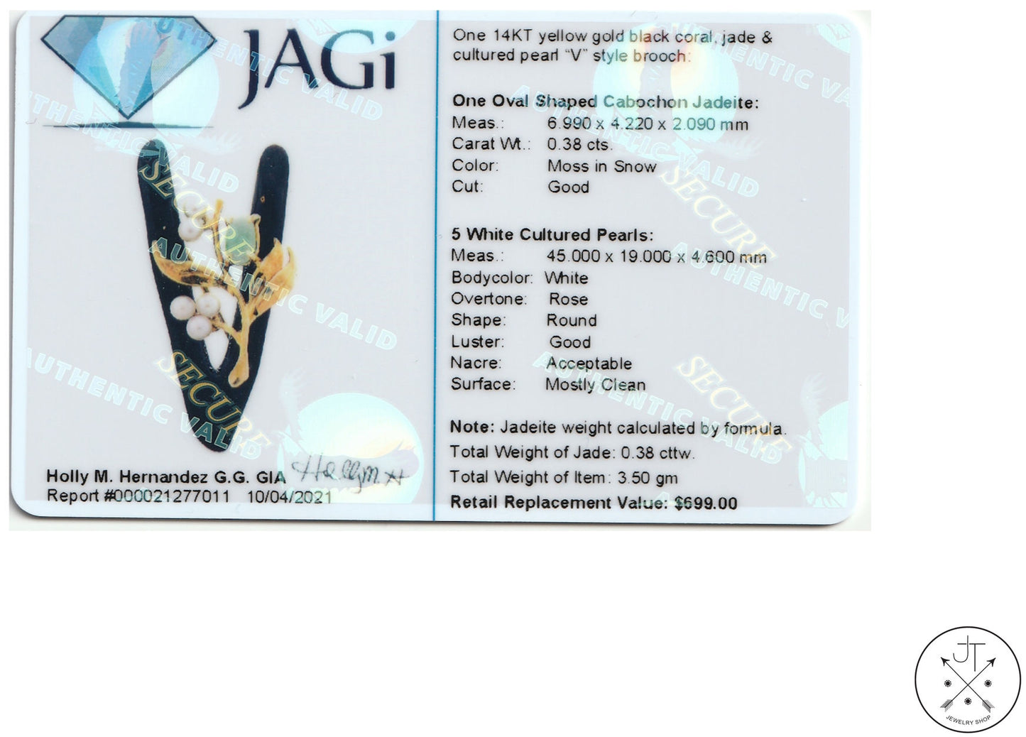 Vintage Brooch with 14k Yellow Gold Black Coral Jade and Pearl Pin Certified