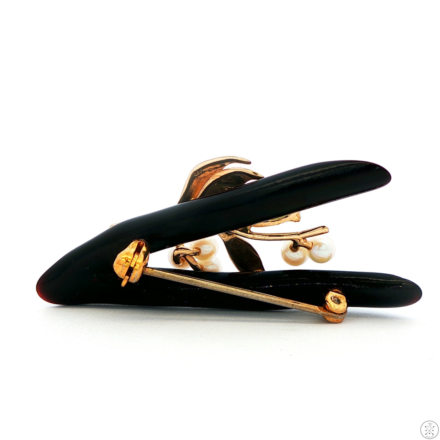 Vintage Brooch with 14k Yellow Gold Black Coral Jade and Pearl Pin Certified