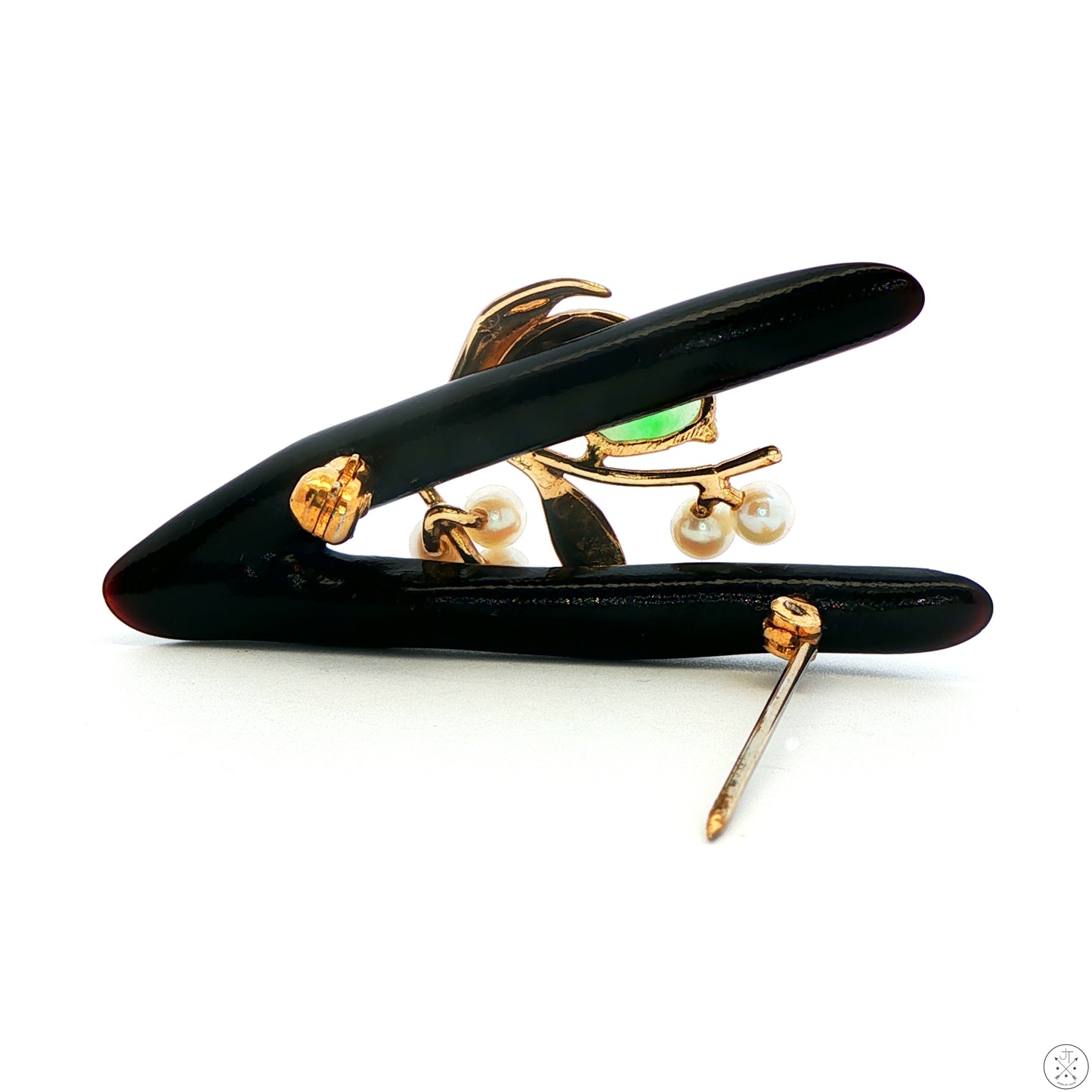 Vintage Brooch with 14k Yellow Gold Black Coral Jade and Pearl Pin Certified