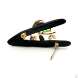 Vintage Brooch with 14k Yellow Gold Black Coral Jade and Pearl Pin Certified