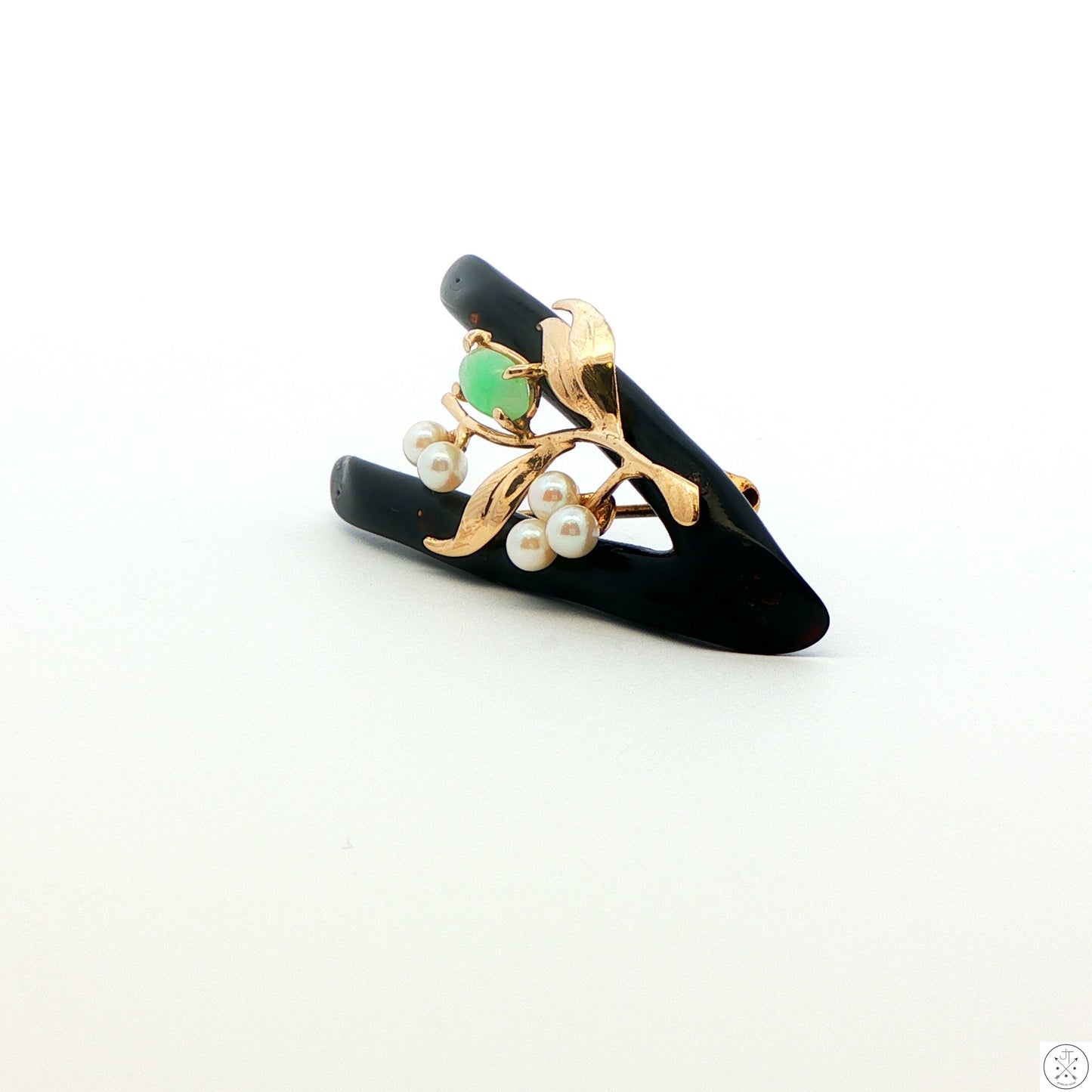 Vintage Brooch with 14k Yellow Gold Black Coral Jade and Pearl Pin Certified