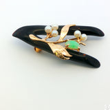 Vintage Brooch with 14k Yellow Gold Black Coral Jade and Pearl Pin Certified