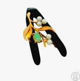 Vintage 14k Yellow Gold Coral Jade and Pearl Brooch