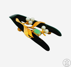 Vintage 14k Yellow Gold Coral Jade and Pearl Brooch