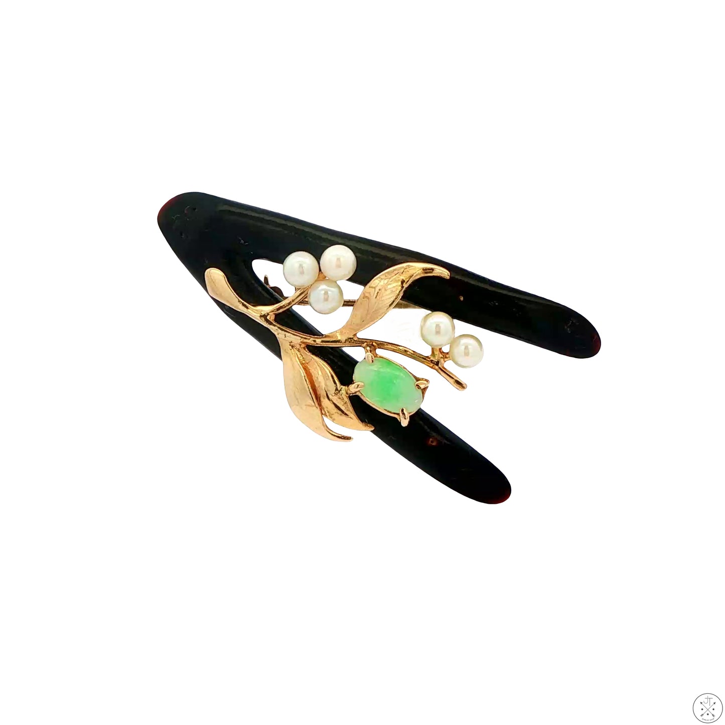 Vintage Brooch with 14k Yellow Gold Black Coral Jade and Pearl Pin Certified