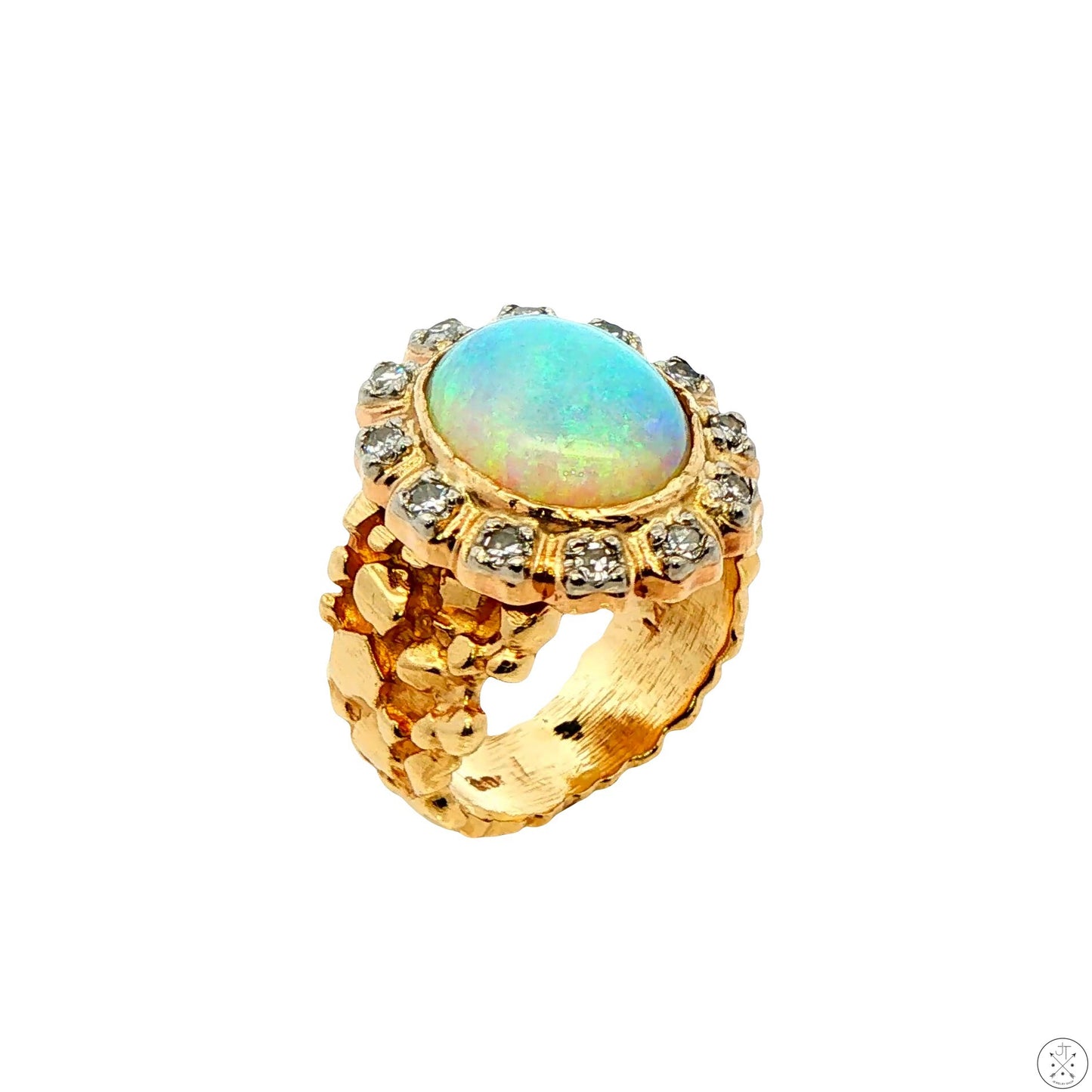Vintage 14k Yellow Gold Nugget Ring with Natural Crystal Opal and Diamonds Size 5