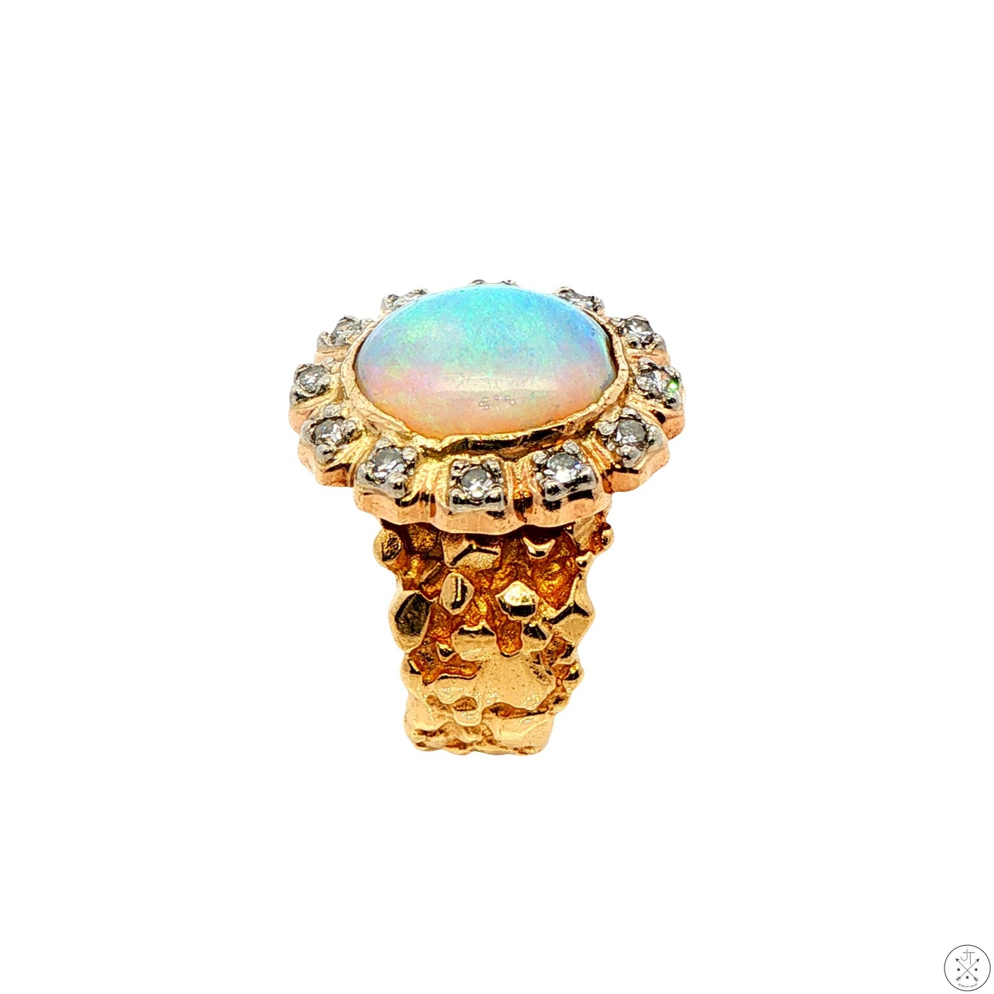 Vintage 14k Yellow Gold Nugget Ring with Natural Crystal Opal and Diamonds Size 5