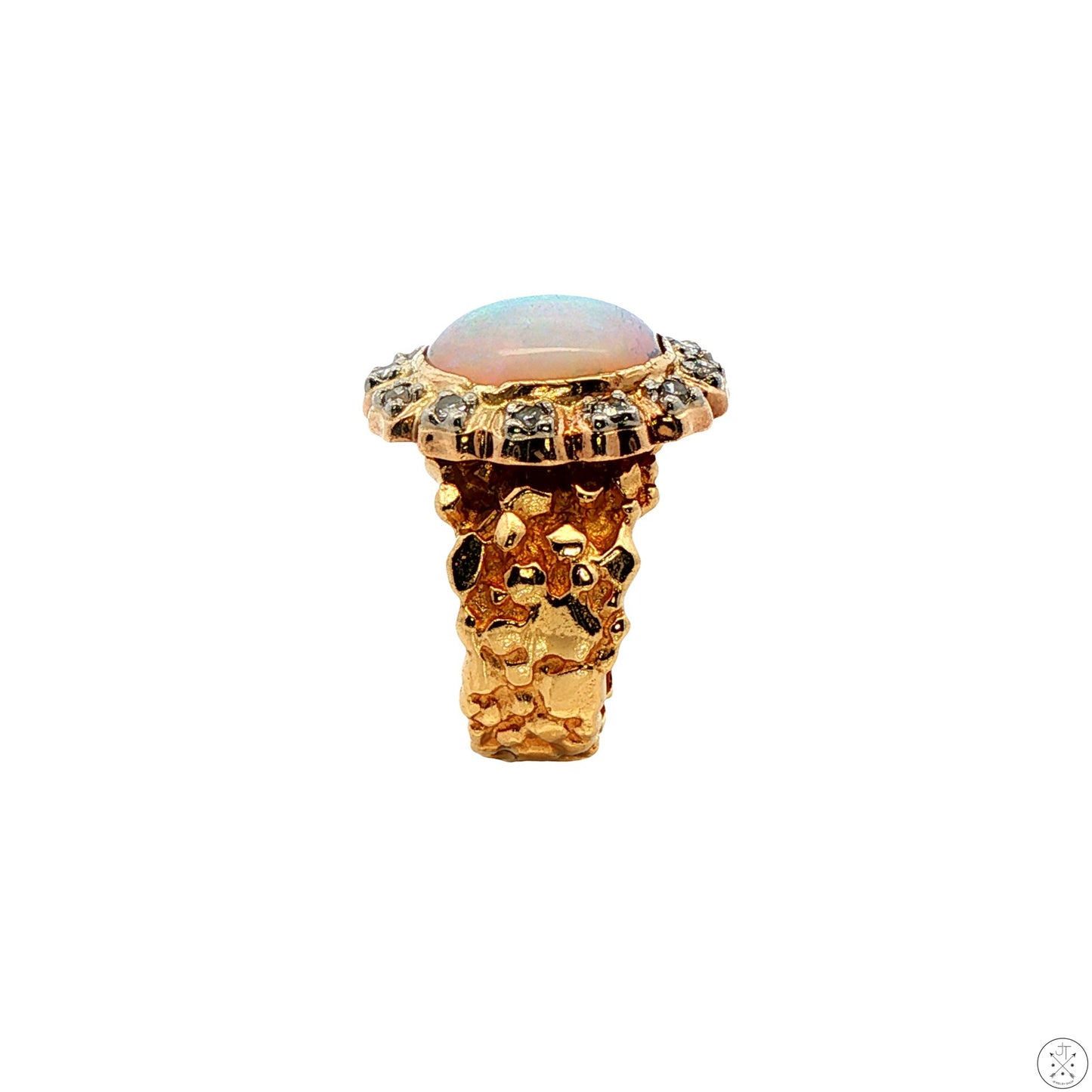 Vintage 14k Yellow Gold Nugget Ring with Natural Crystal Opal and Diamonds Size 5