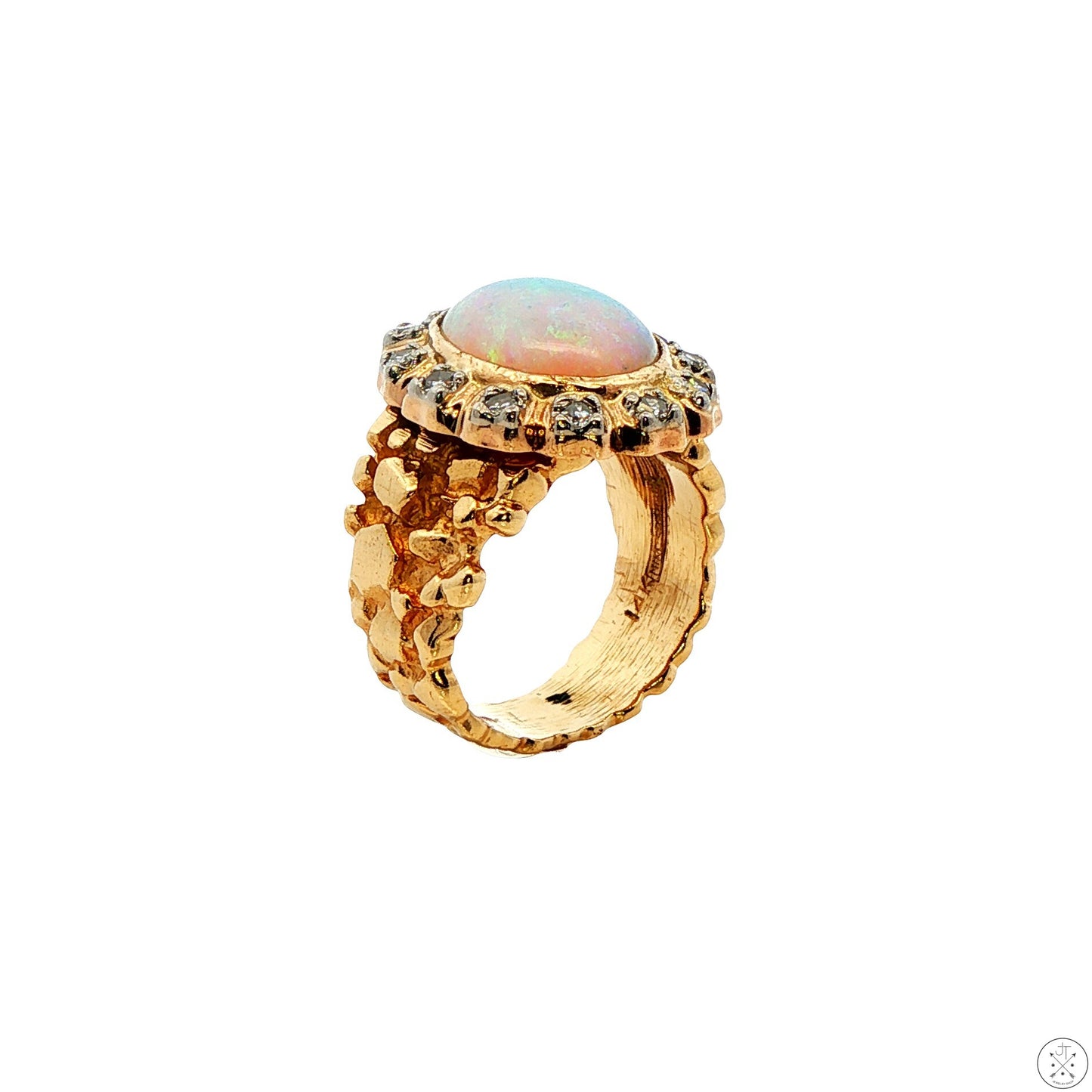 Vintage 14k Yellow Gold Nugget Ring with Natural Crystal Opal and Diamonds Size 5
