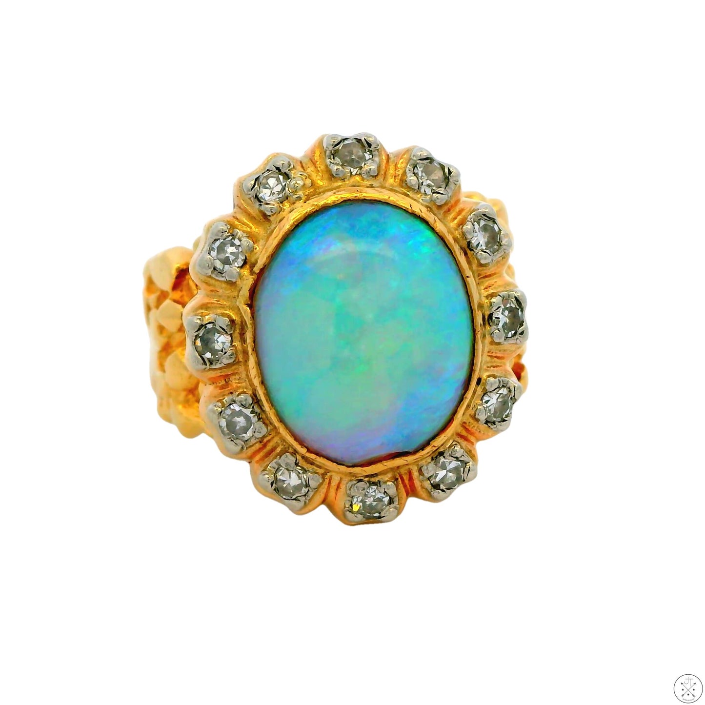 Vintage 14k Yellow Gold Nugget Ring with Natural Crystal Opal and Diamonds Size 5