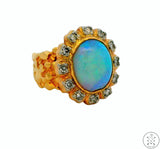 Vintage 14k Yellow Gold Nugget Ring with Opal and Diamond Size 5