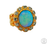 Vintage 14k Yellow Gold Nugget Ring with Opal and Diamond Size 5