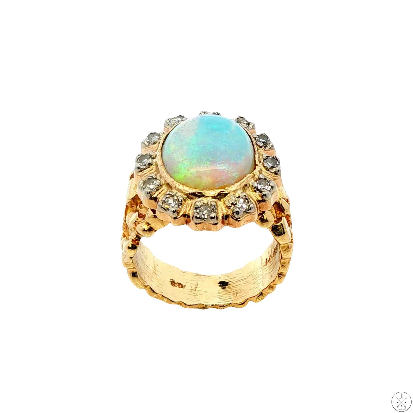 Vintage 14k Yellow Gold Nugget Ring with Natural Crystal Opal and Diamonds Size 5