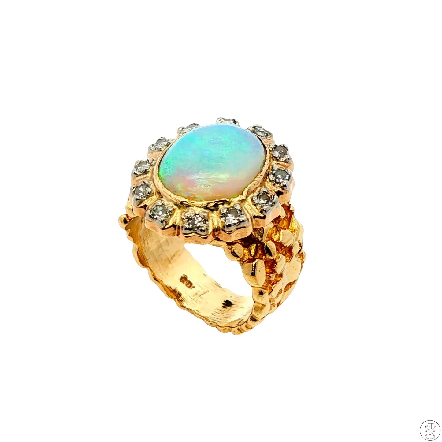 Vintage 14k Yellow Gold Nugget Ring with Natural Crystal Opal and Diamonds Size 5