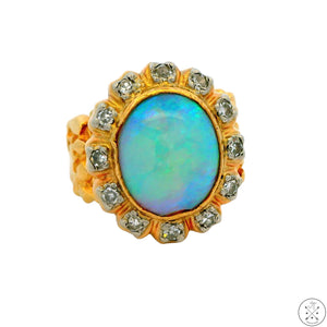 Vintage 14k Yellow Gold Nugget Ring with Opal and Diamond Size 5