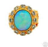 Vintage 14k Yellow Gold Nugget Ring with Opal and Diamond Size 5